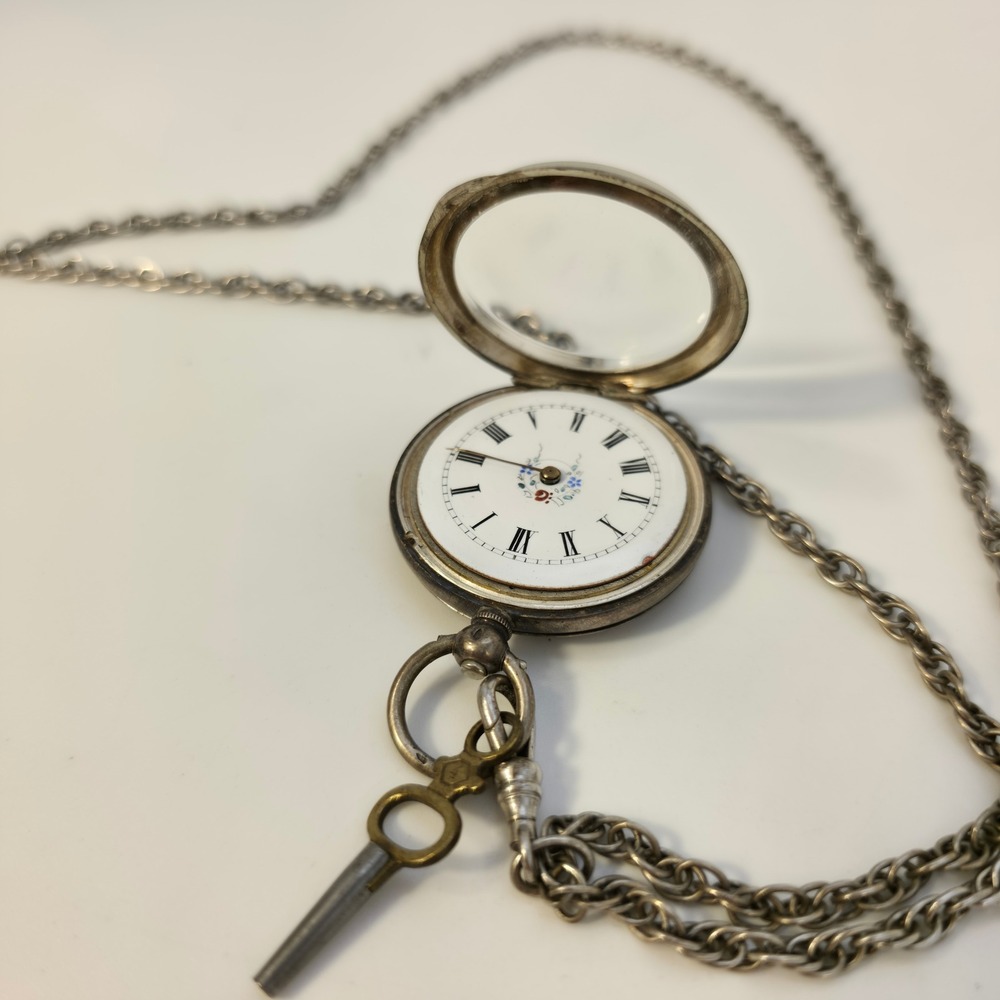 Pocket Watch OS Silver Good Antique Floral Key Wind Chain missing hand - Picture 4 of 9